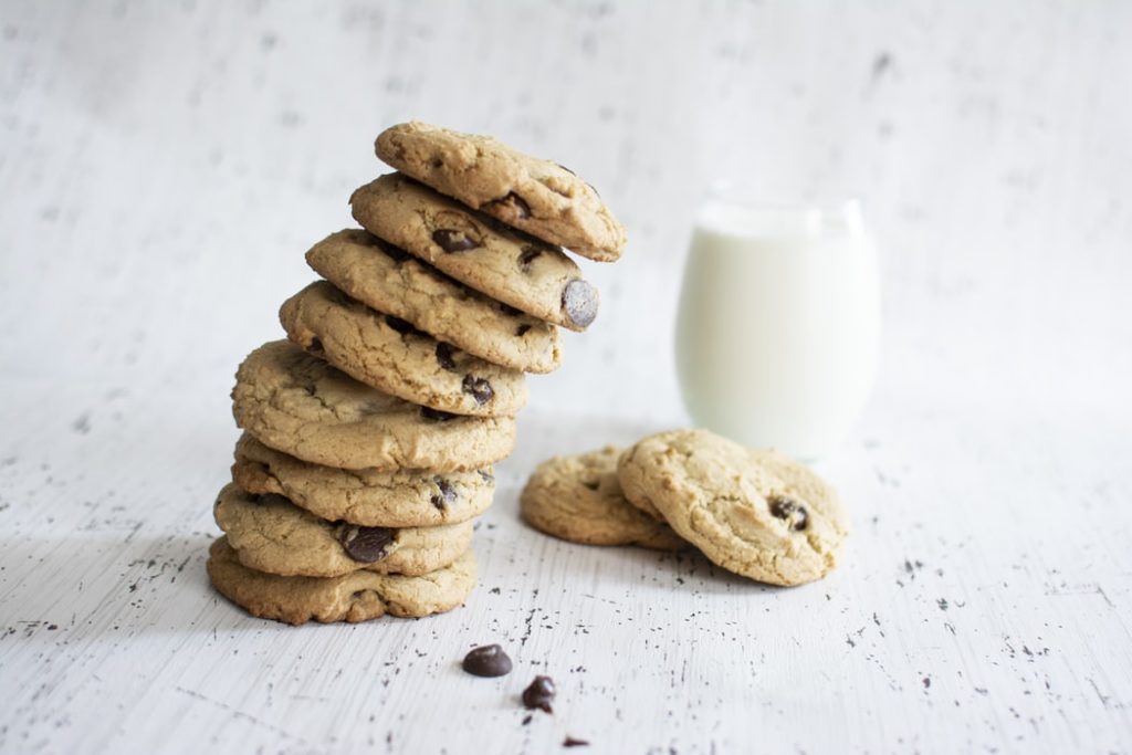 A stack of chocolate chip cookies for a holiday event.